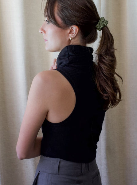 Mae Pant in Slate with the Nicolette Rollneck and Small Scrunchie in Verdant