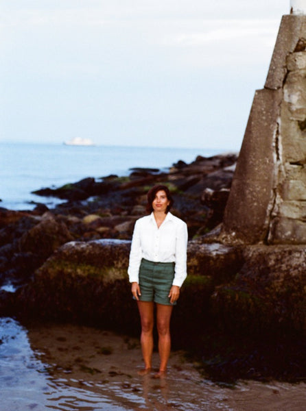 Field Day Farm to Table Shorts, chard, with white shirt full view