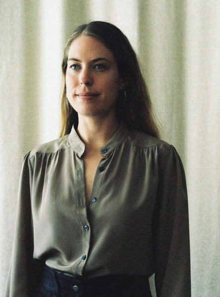 Jessica Blouse in taupe, with the Mae Pant in denim