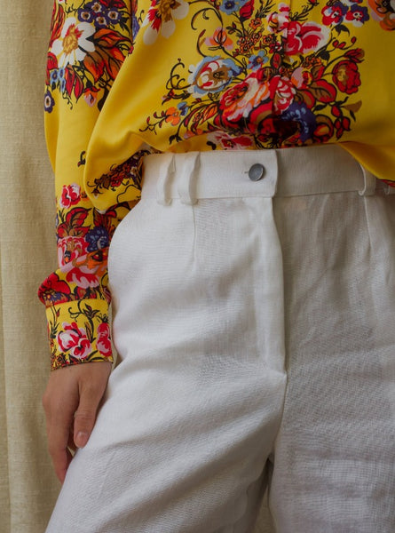 Rachel Pant in white, with the Marie Blouse in Jolie Print