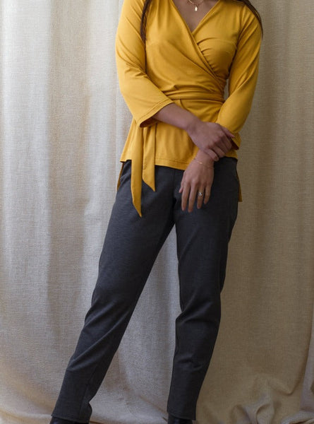 Melissa Wrap, Butternut, with the Mila Pant in Charcoal