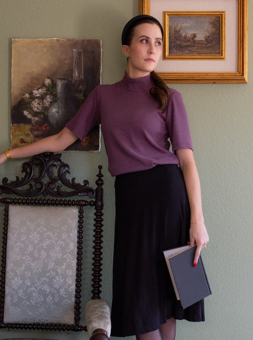 Mary's Favorite Skirt, black, with the Carla Mockneck in Amethyst