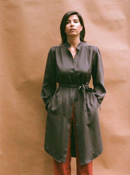 Silk Shirtdress Trench with Mae Pant in rust