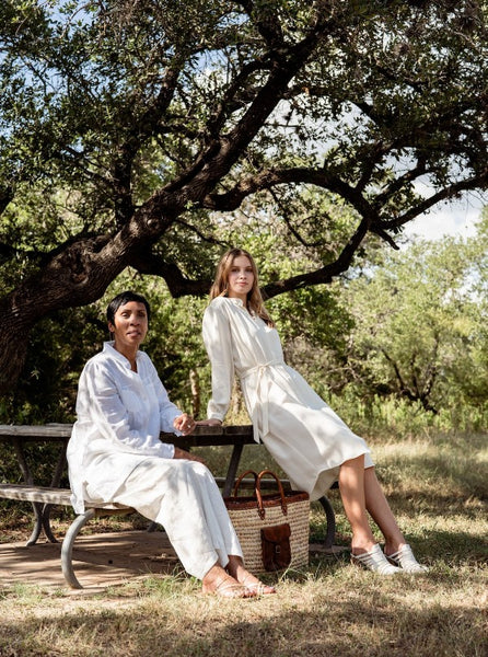 Amanda in the Simone Pant with Casey in the Silk Shirtdress