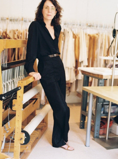Mae Pant, black, on Jean, shown with the Marie Blouse