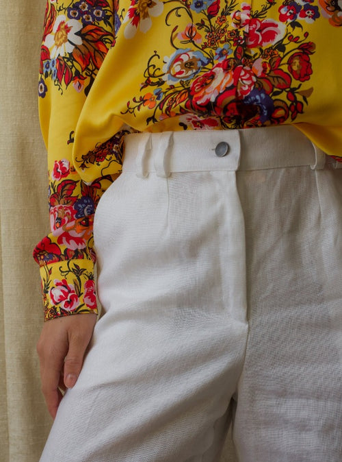 Rachel Pant in white, with the Marie Blouse in Jolie Print