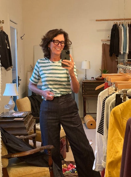 Jean in the studio with the Hemp/Organic Cotton Striped Tee and the Mae Pant in denim